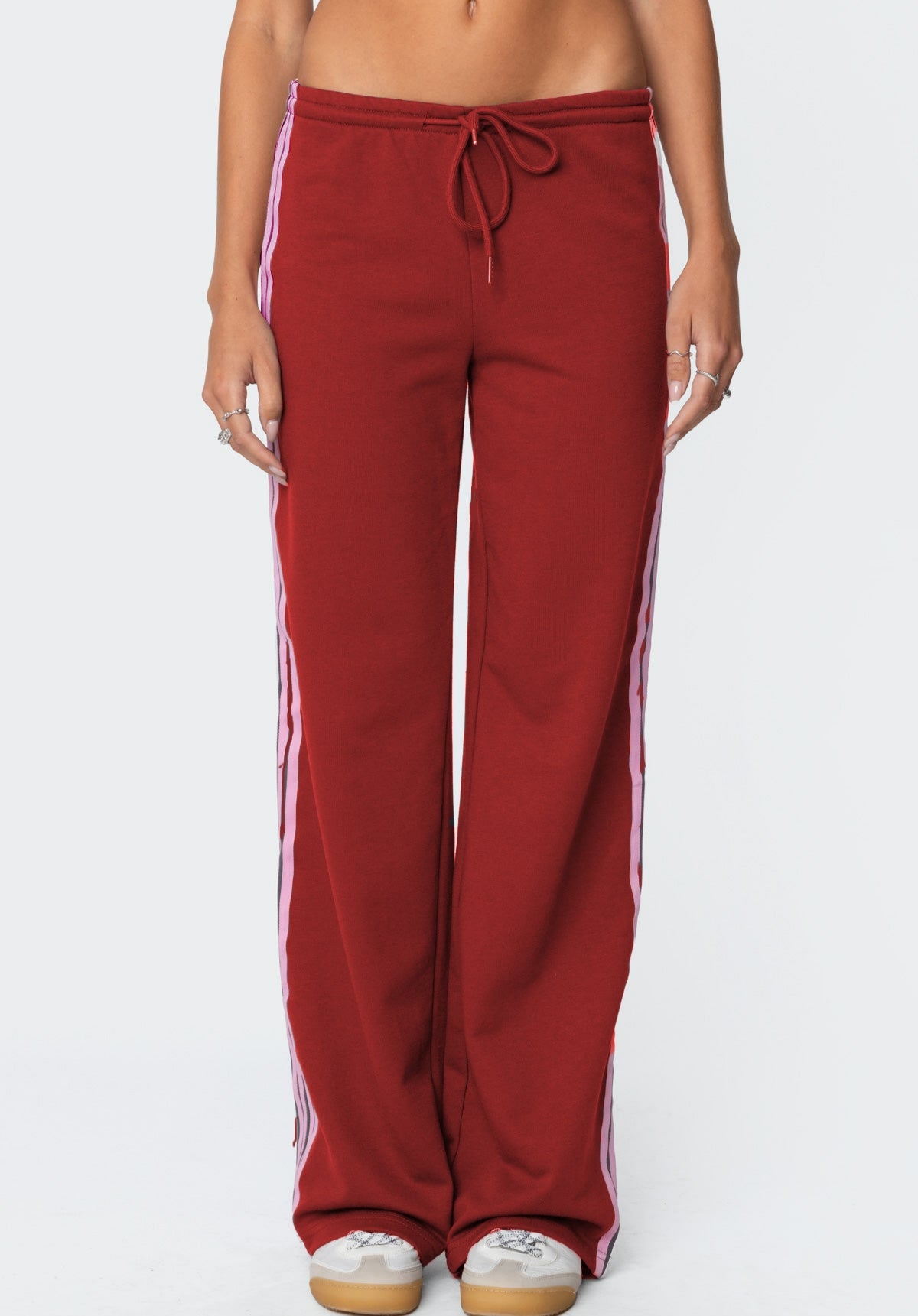 Side Stripe Wide Leg Drawstring Sweatpants - Red - 1