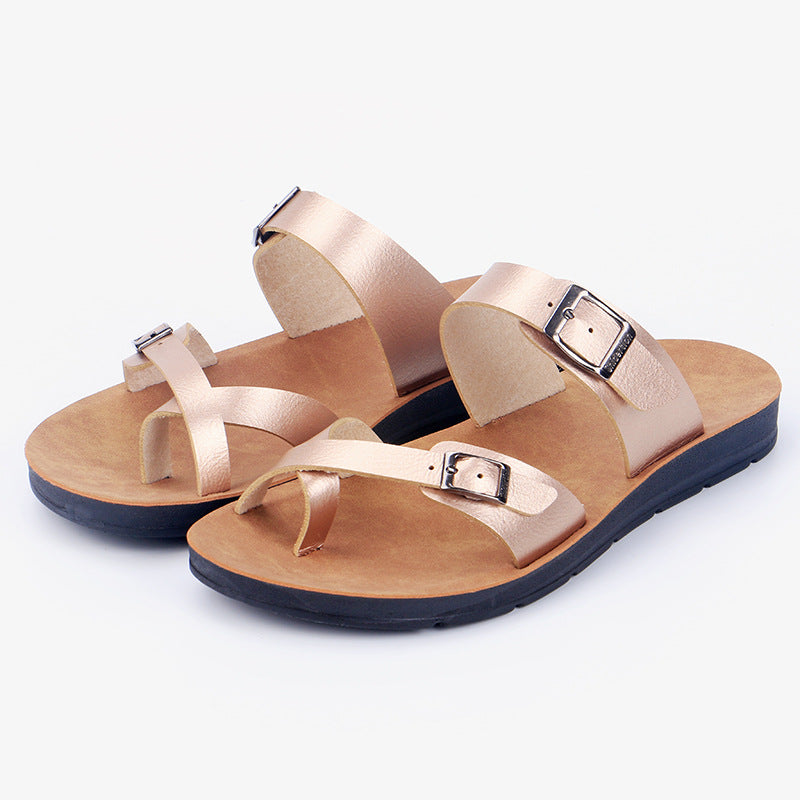 Toe Loop Buckle Slide Sandals - Champagne