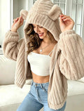 Fuzzy Bear Ear Hooded Cropped Jacket - Apricot