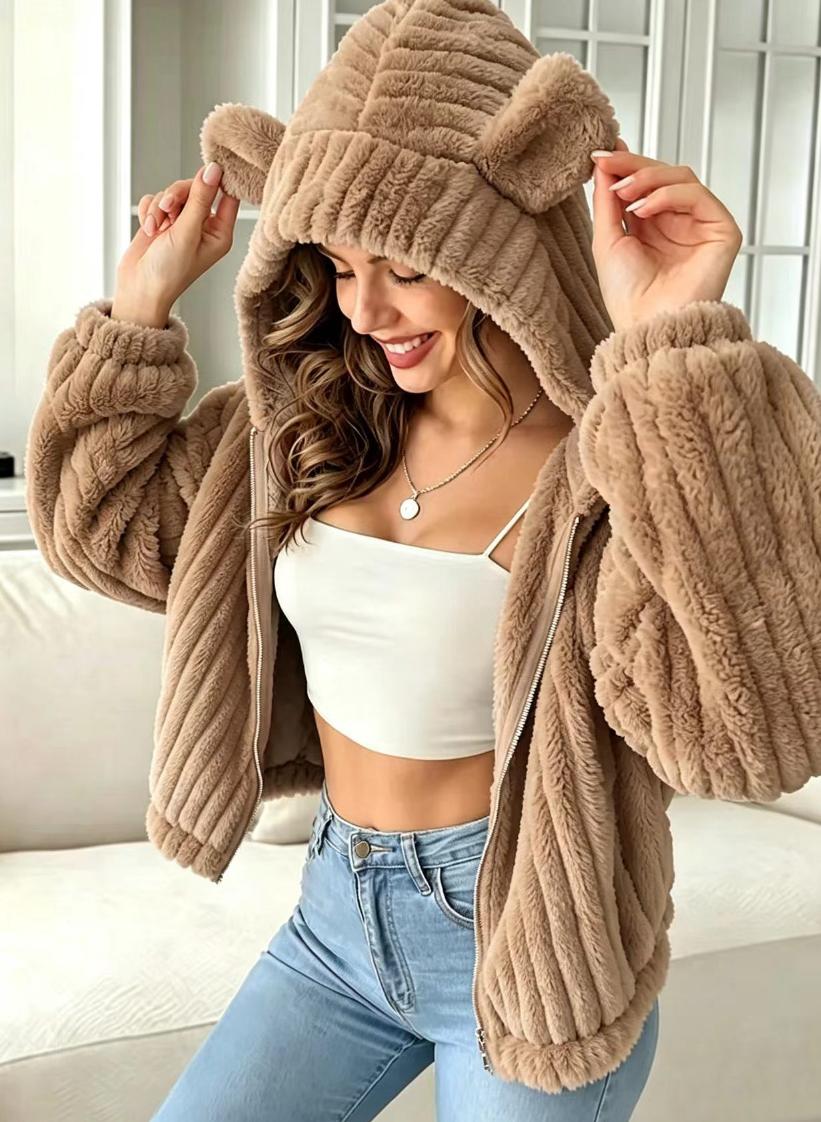Fuzzy Bear Ear Hooded Cropped Jacket - Coffee