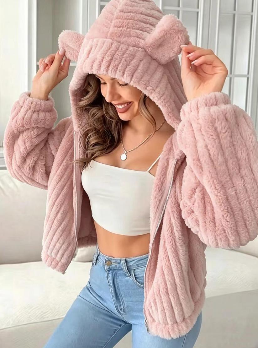 Fuzzy Bear Ear Hooded Cropped Jacket - Pink