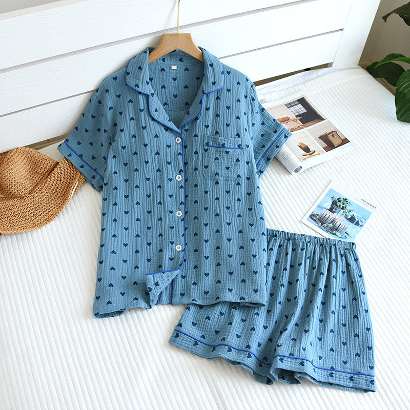 Heart Print Cotton Pajama Short Set - Blue
