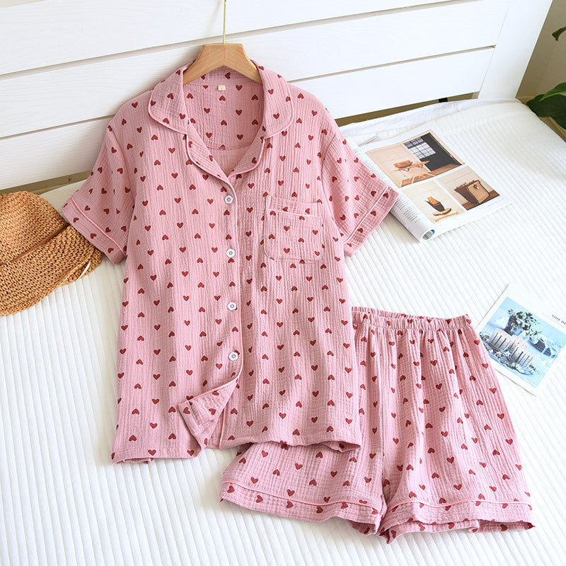 Heart Print Cotton Pajama Short Set - Pink