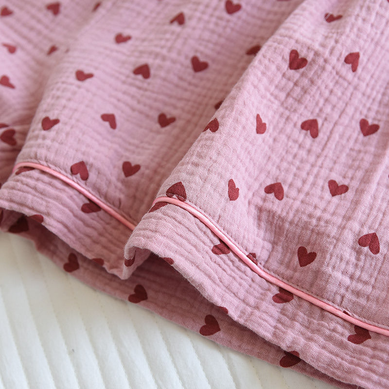 Heart Print Cotton Pajama Short Set - Pink - 10
