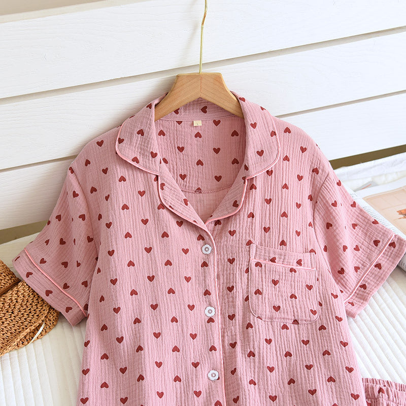 Heart Print Cotton Pajama Short Set - Pink - 1