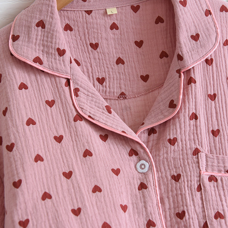 Heart Print Cotton Pajama Short Set - Pink - 2