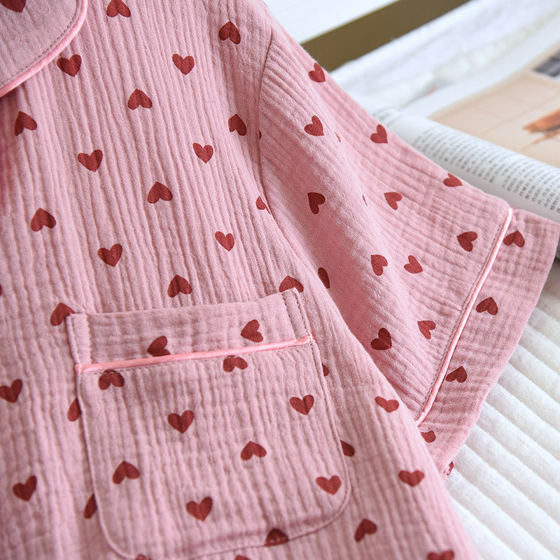 Heart Print Cotton Pajama Short Set - Pink - 3