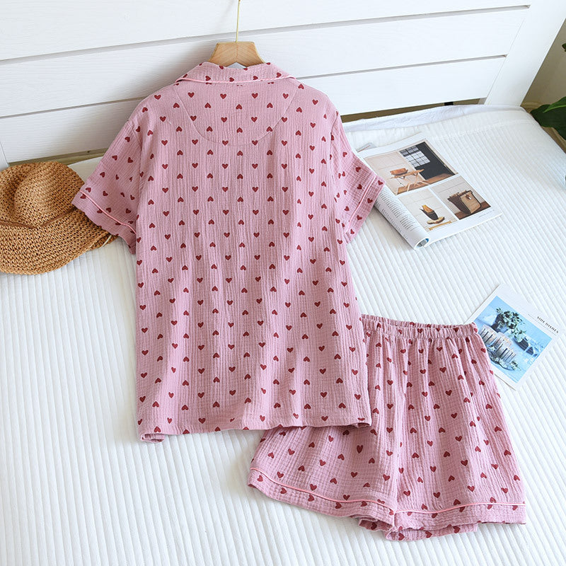 Heart Print Cotton Pajama Short Set - Pink - 7