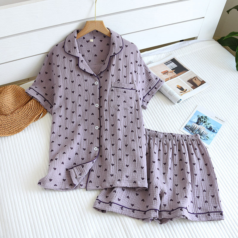 Heart Print Cotton Pajama Short Set - Purple