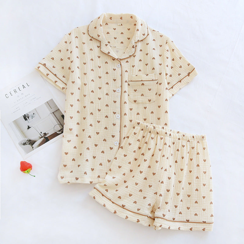 Heart Print Cotton Pajama Short Set - beige