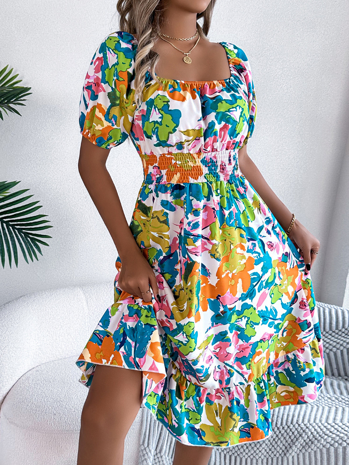 Floral Puff Sleeve Smocked Midi Dress - Green