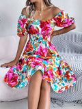 Floral Puff Sleeve Smocked Midi Dress - Red