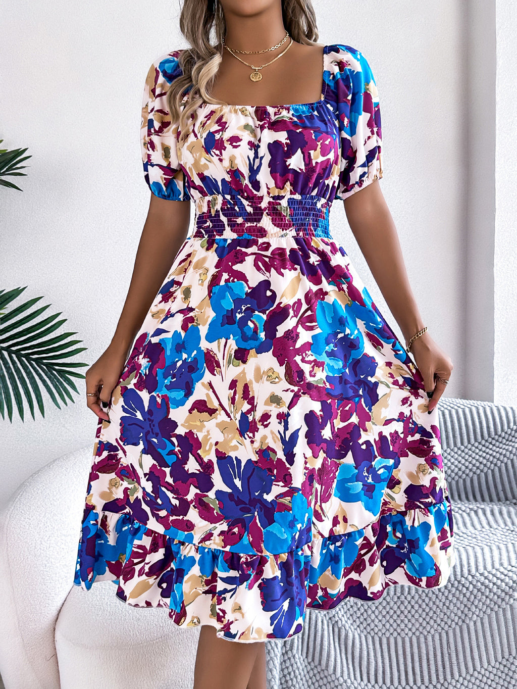 Floral Puff Sleeve Smocked Midi Dress