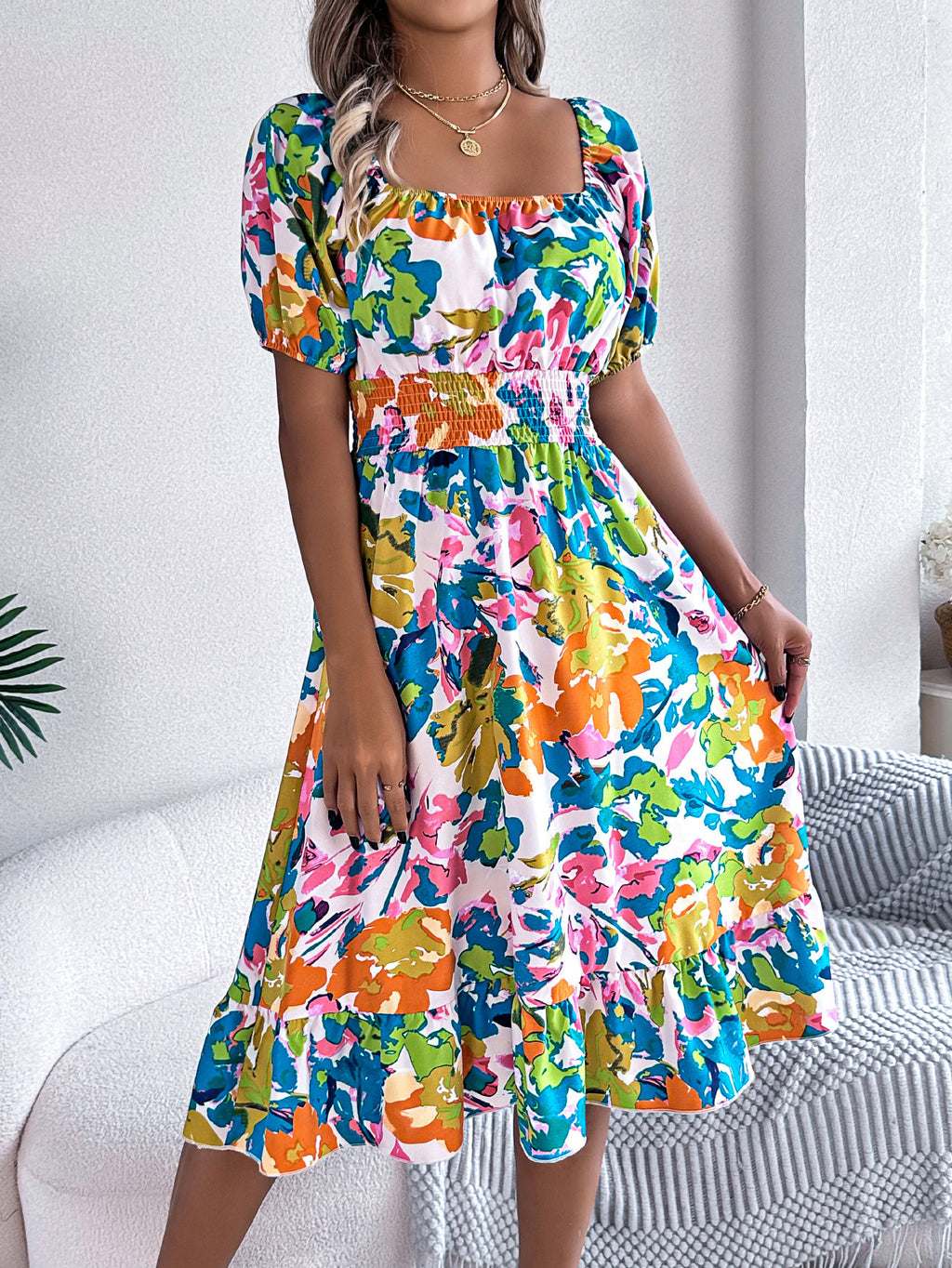 Floral Puff Sleeve Smocked Midi Dress - view 2