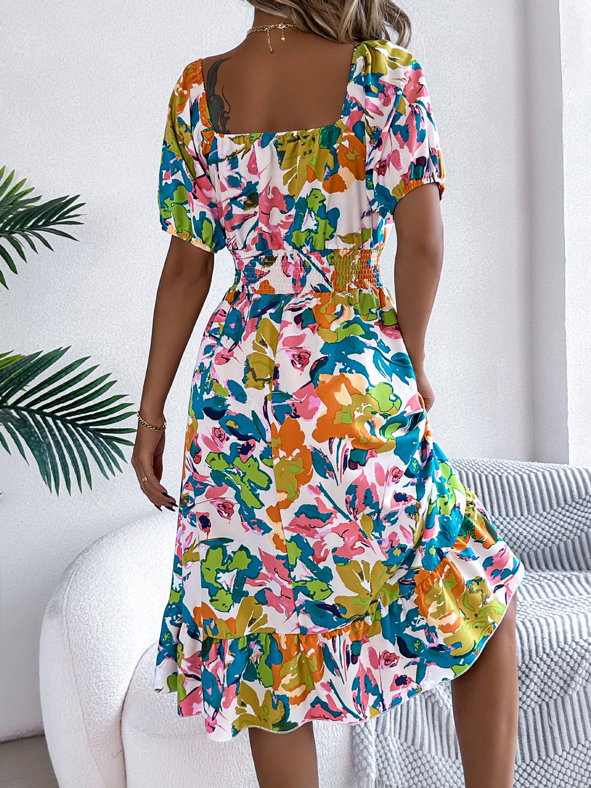 Floral Puff Sleeve Smocked Midi Dress - view 3