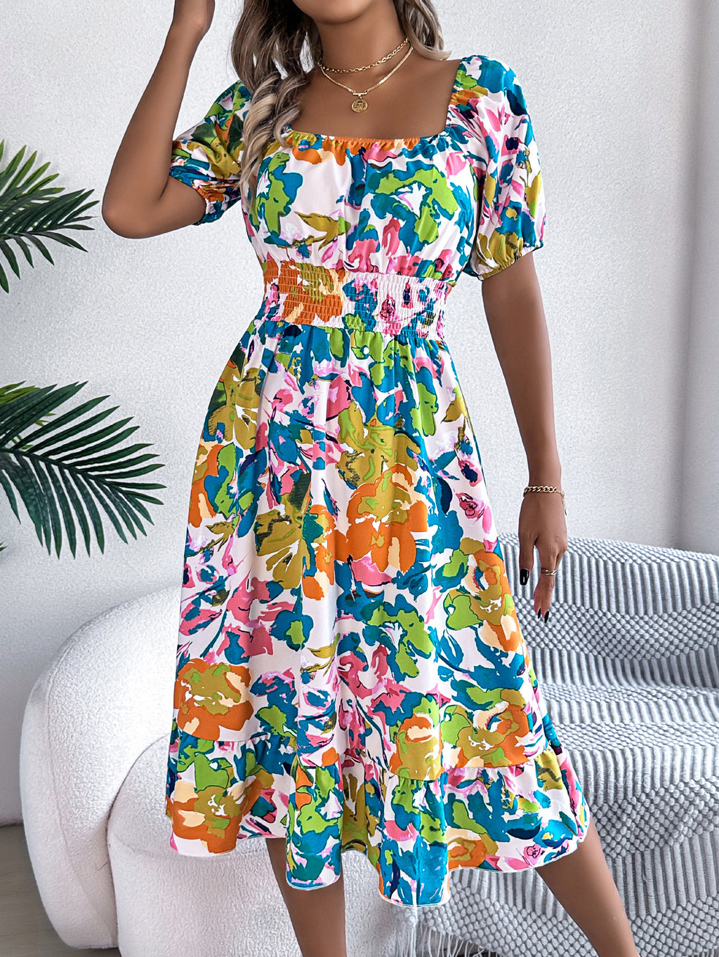 Floral Puff Sleeve Smocked Midi Dress - view 5