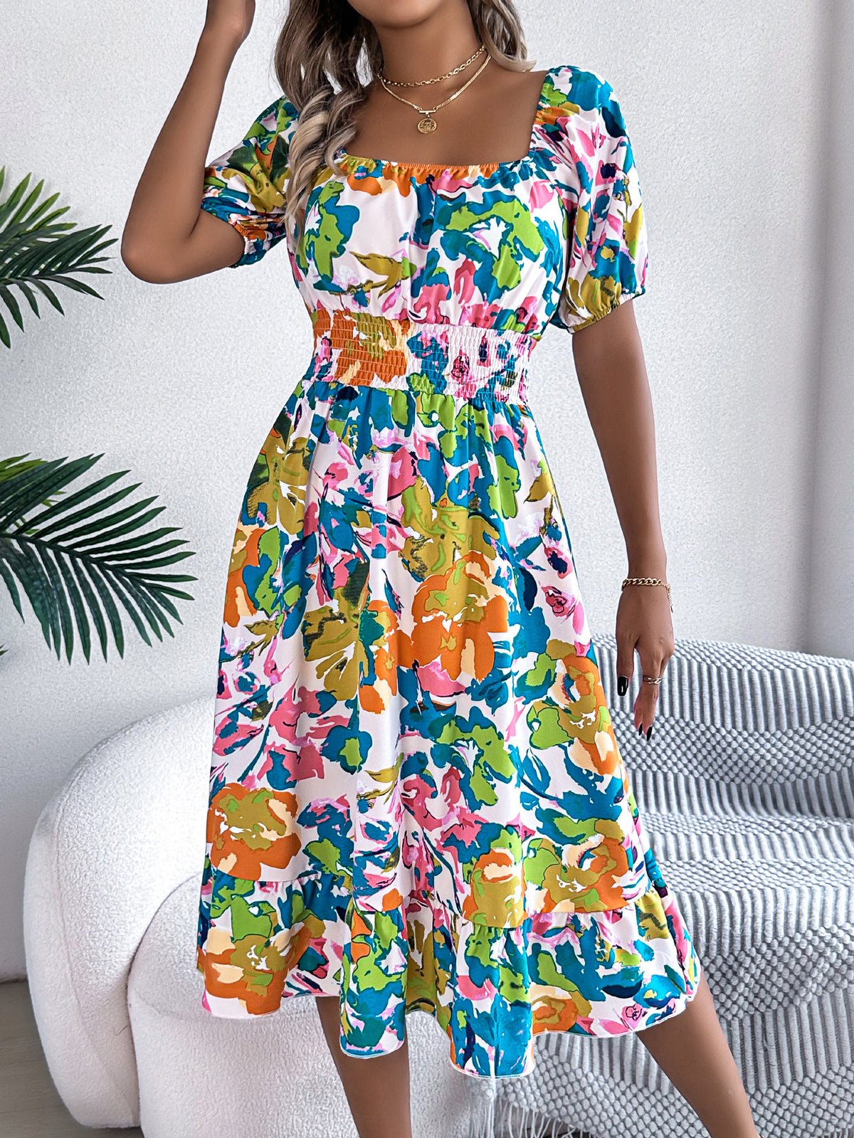 Floral Puff Sleeve Smocked Midi Dress - view 5