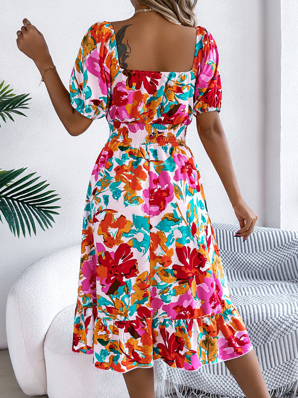 Floral Puff Sleeve Smocked Midi Dress - view 7