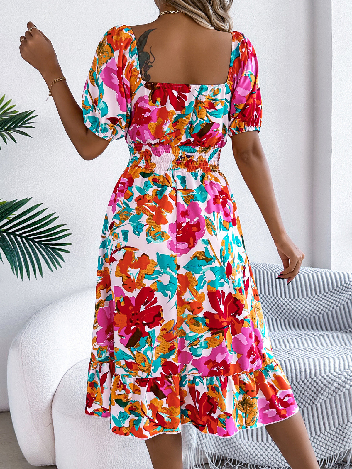 Floral Puff Sleeve Smocked Midi Dress - view 7