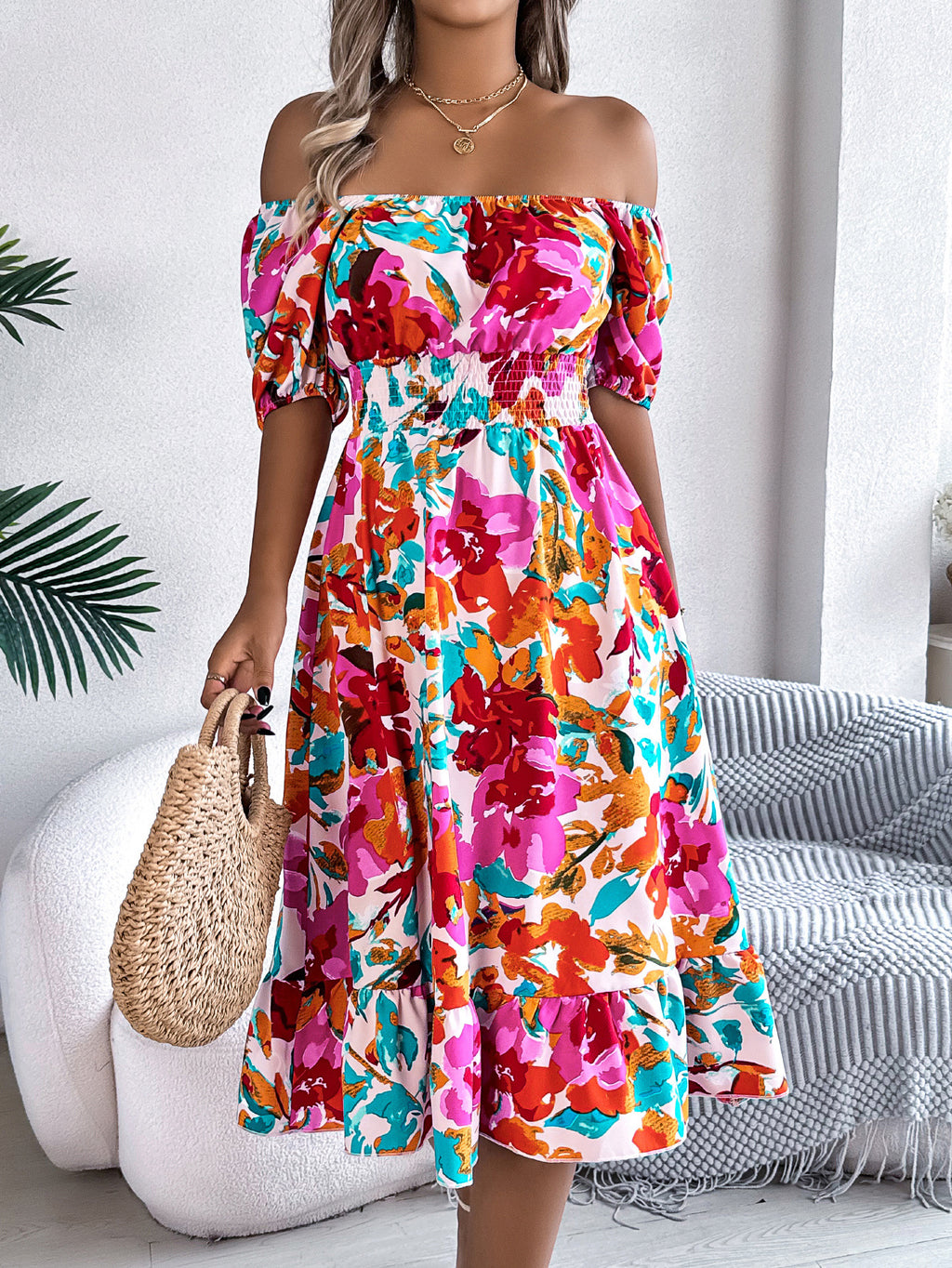 Floral Puff Sleeve Smocked Midi Dress - view 8