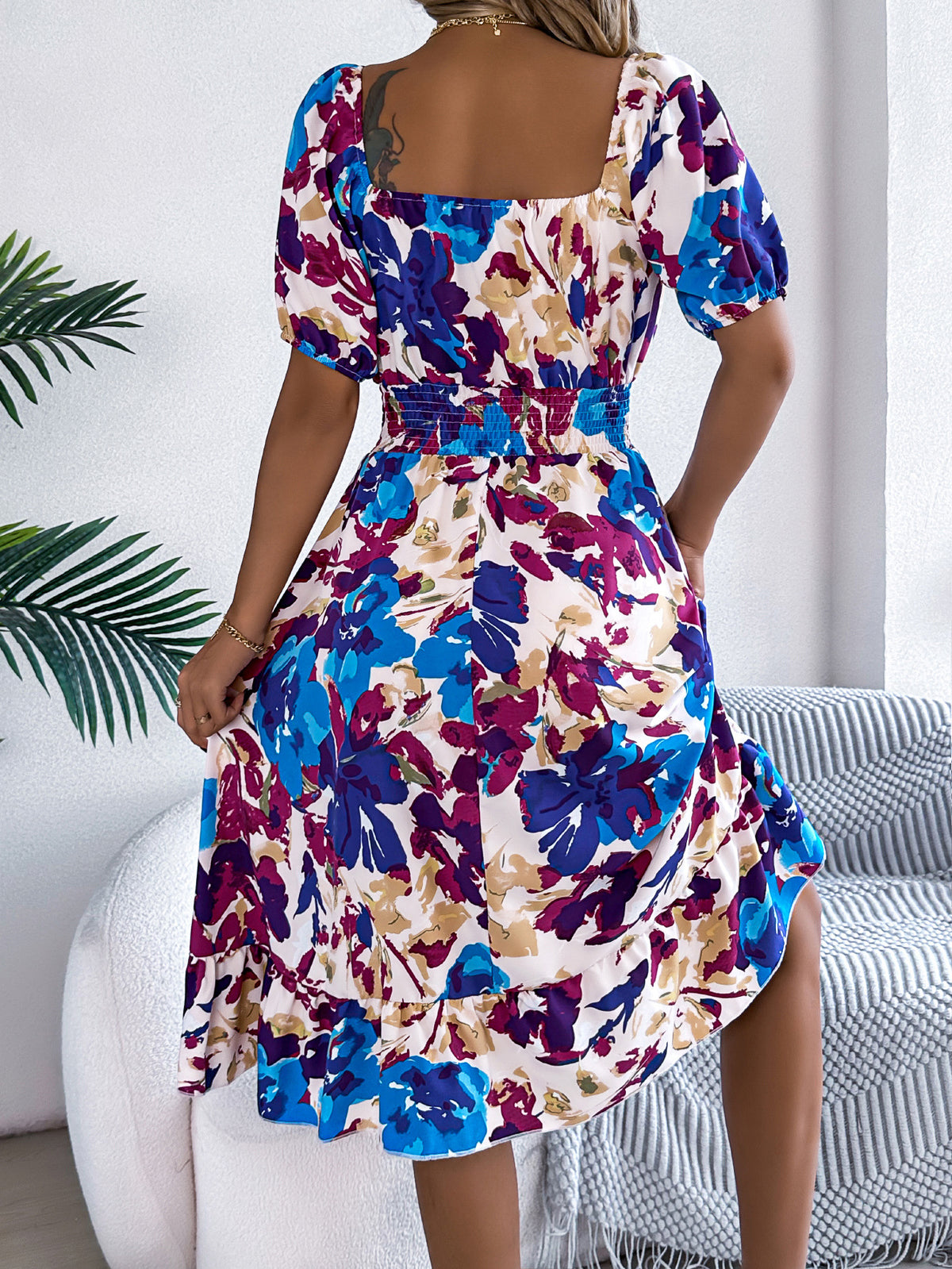 Floral Puff Sleeve Smocked Midi Dress - view 9