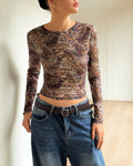 Sheer Mesh Animal Print Long Sleeve Tee - Decor