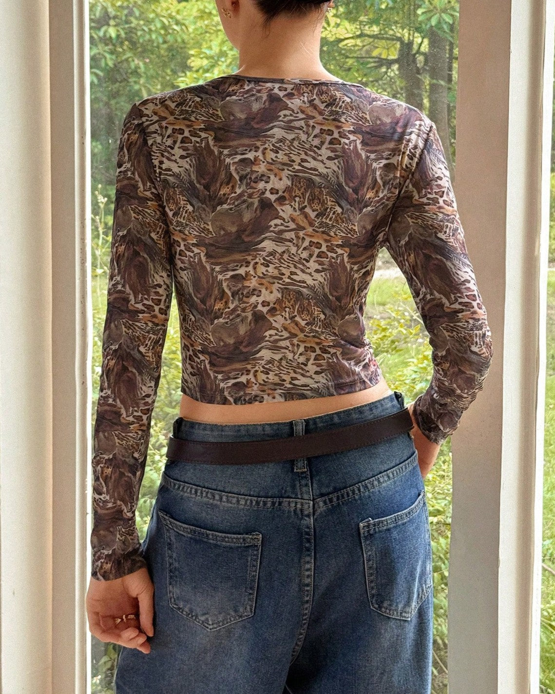 Sheer Mesh Animal Print Long Sleeve Tee - Decor - 3