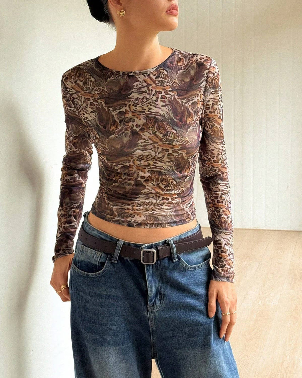 Sheer Mesh Animal Print Long Sleeve Tee