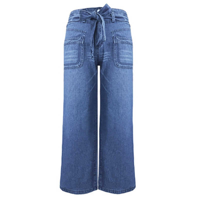 Tie Waist Wide Leg Jeans With Patch Pockets - Blue