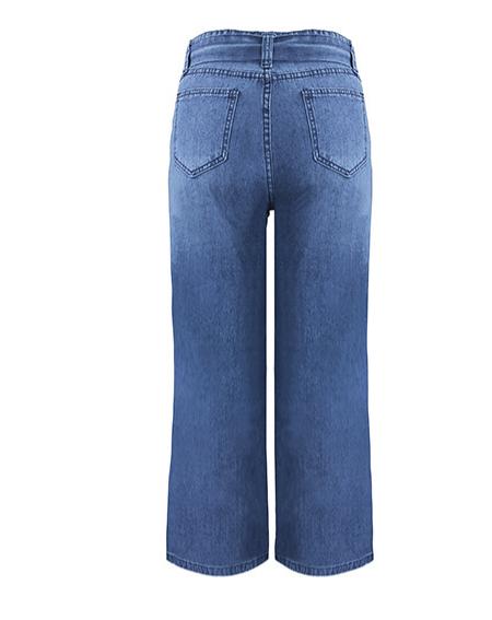 Tie Waist Wide Leg Jeans With Patch Pockets - Blue - 1