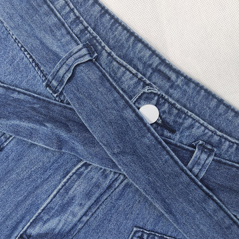 Tie Waist Wide Leg Jeans With Patch Pockets - Blue - 2