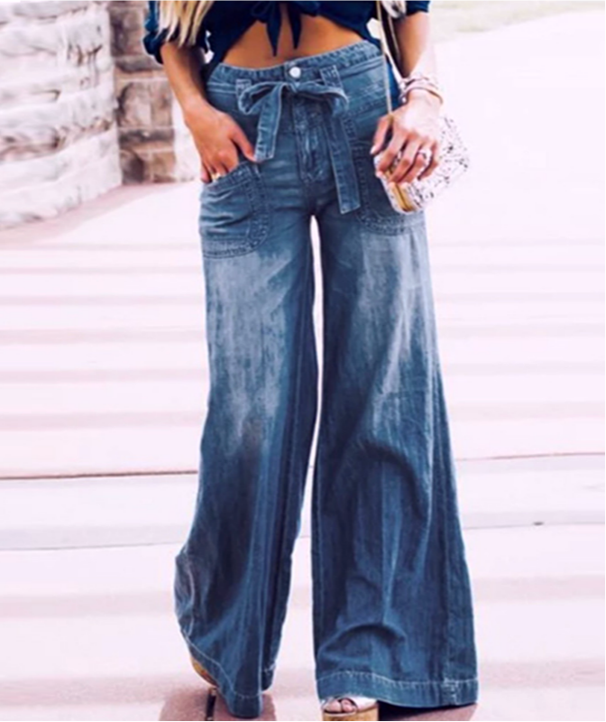 Tie Waist Wide Leg Jeans With Patch Pockets - Blue - 3