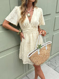 Flutter Sleeve Textured Floral Mini Dress - Apricot