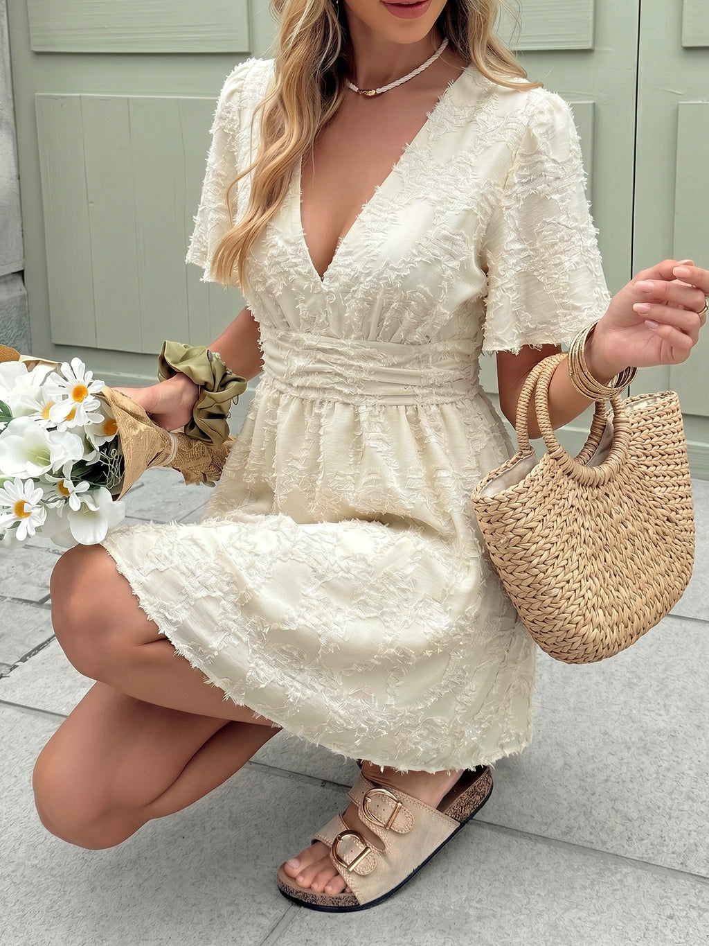 Flutter Sleeve Textured Floral Mini Dress - Apricot - 3