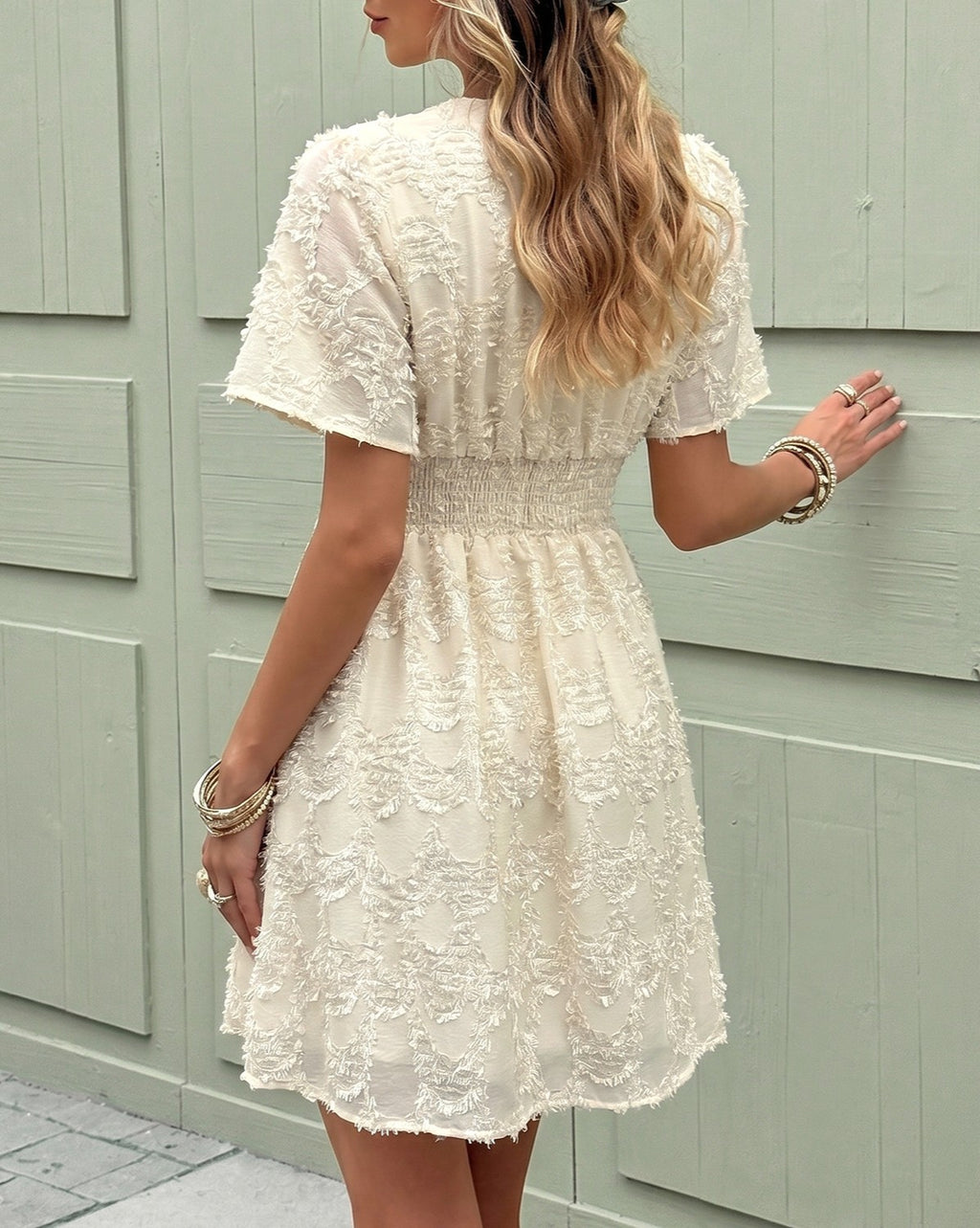 Flutter Sleeve Textured Floral Mini Dress - Apricot - 5