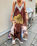 Painted Scenery Contrast Trim Slip Maxi Dress - Coffee