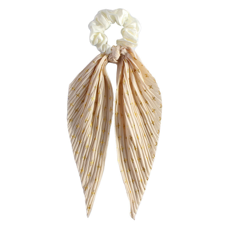 Pleated Ribbon Tail Scrunchie With Dotted Stripes - Beige