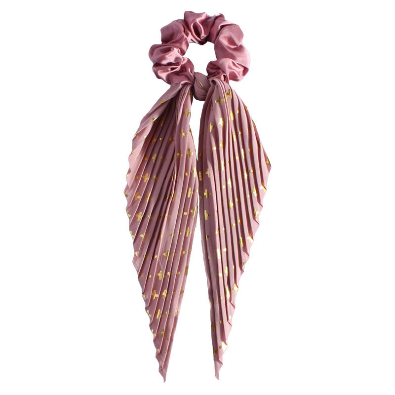 Pleated Ribbon Tail Scrunchie With Dotted Stripes - DarkPink