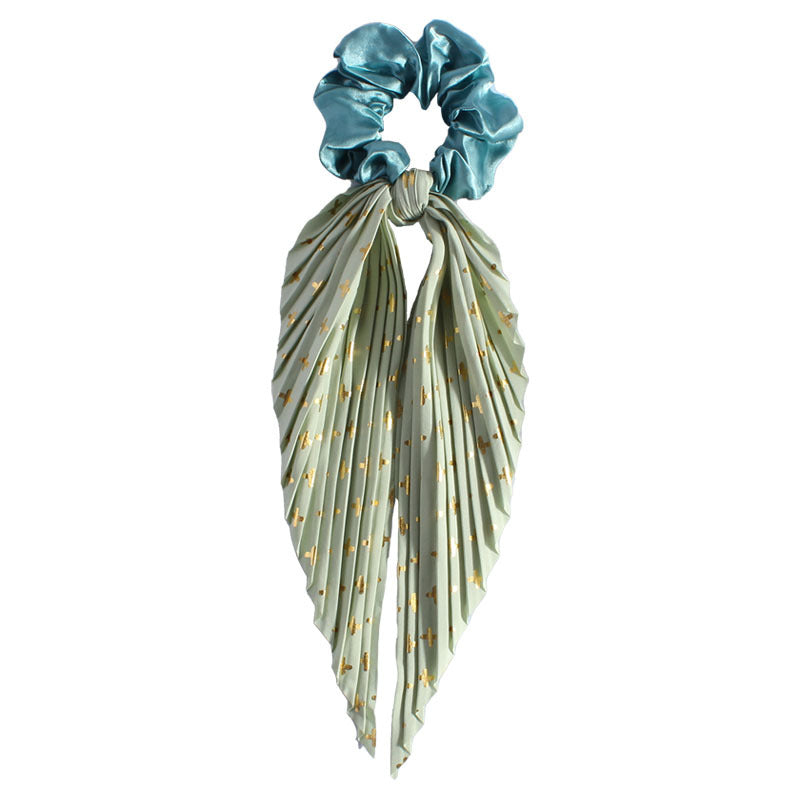 Pleated Ribbon Tail Scrunchie With Dotted Stripes - LightGreen