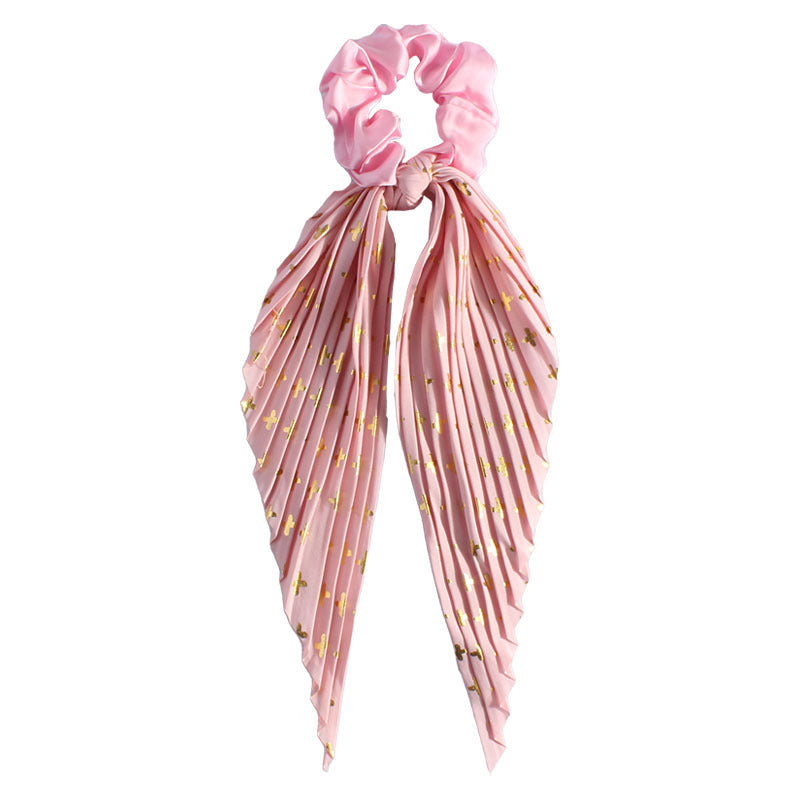 Pleated Ribbon Tail Scrunchie With Dotted Stripes - Pink