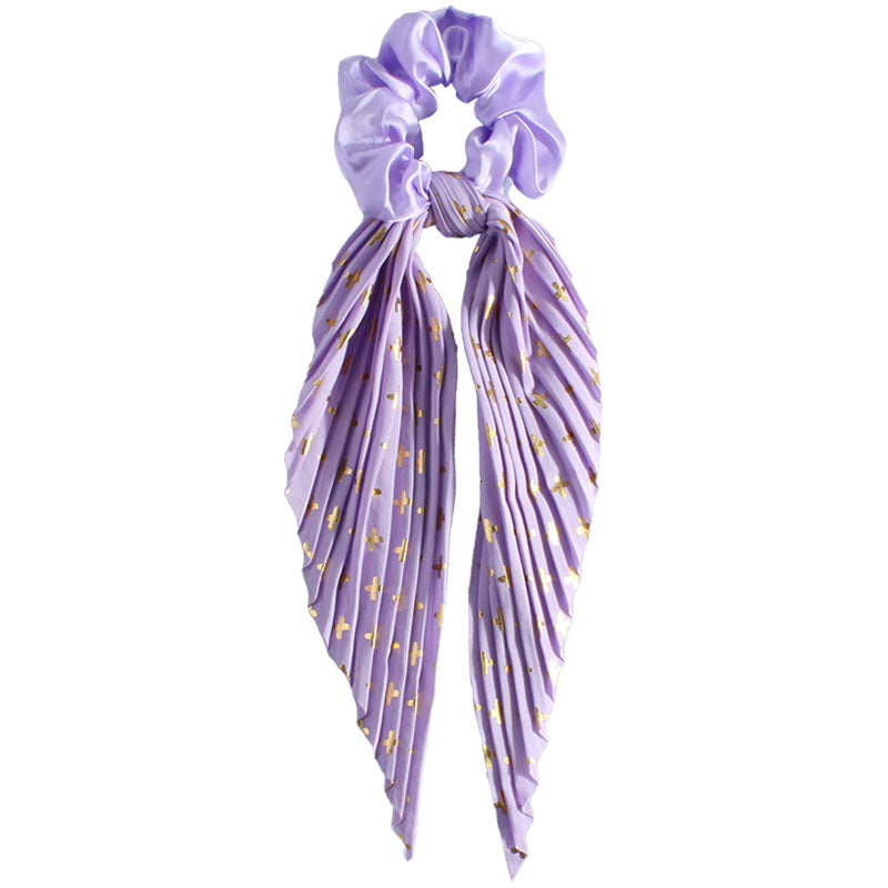 Pleated Ribbon Tail Scrunchie With Dotted Stripes - Purple