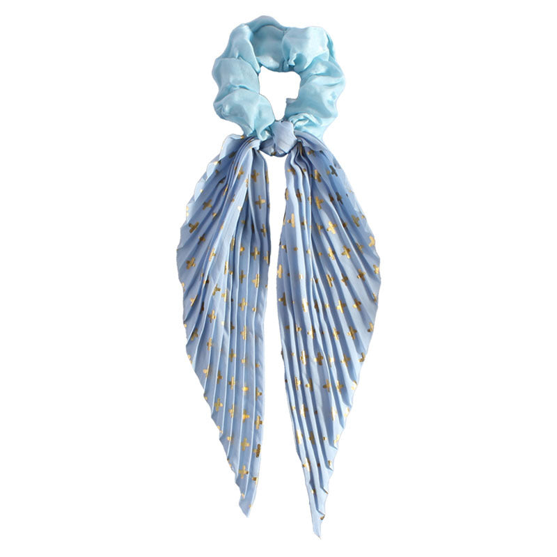 Pleated Ribbon Tail Scrunchie With Dotted Stripes - SkyBlue
