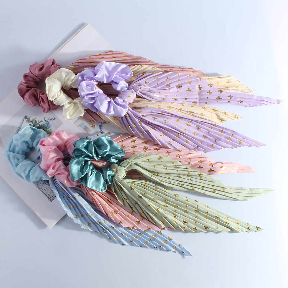 Pleated Ribbon Tail Scrunchie With Dotted Stripes