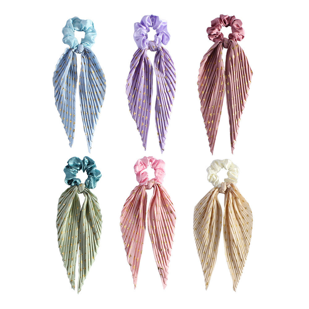 Pleated Ribbon Tail Scrunchie With Dotted Stripes - view 1