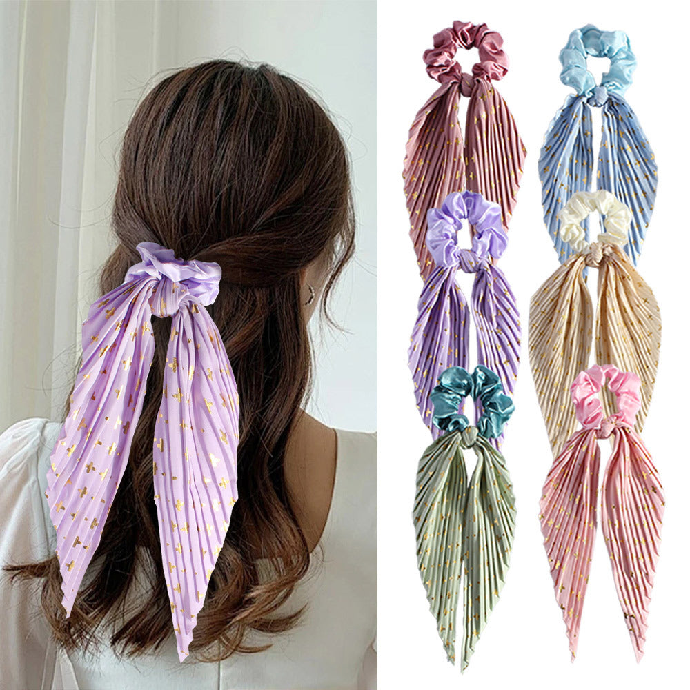 Pleated Ribbon Tail Scrunchie With Dotted Stripes - view 2