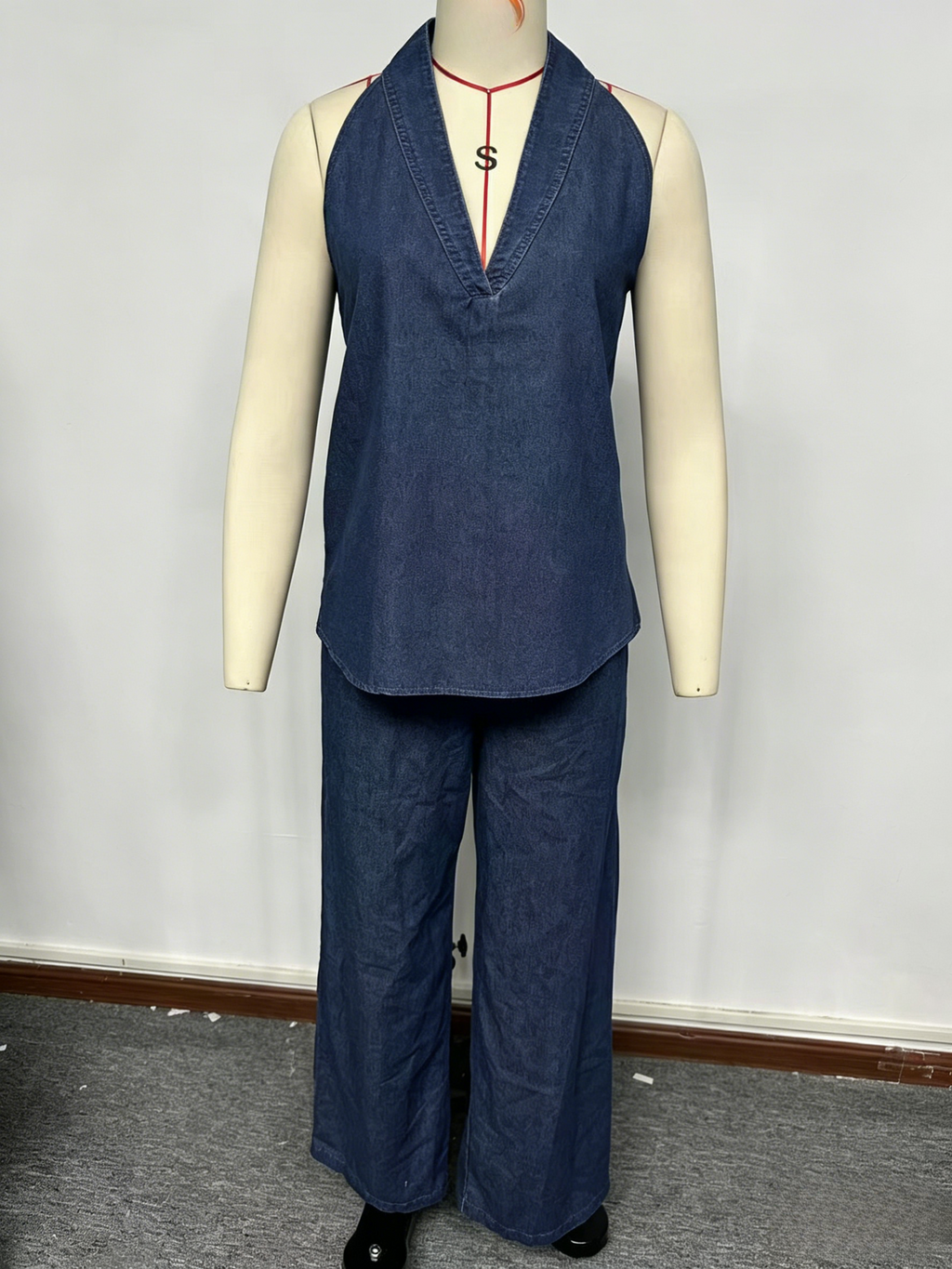 Draped Halter Top and Wide Leg Pant Set - DarkBlue - 1