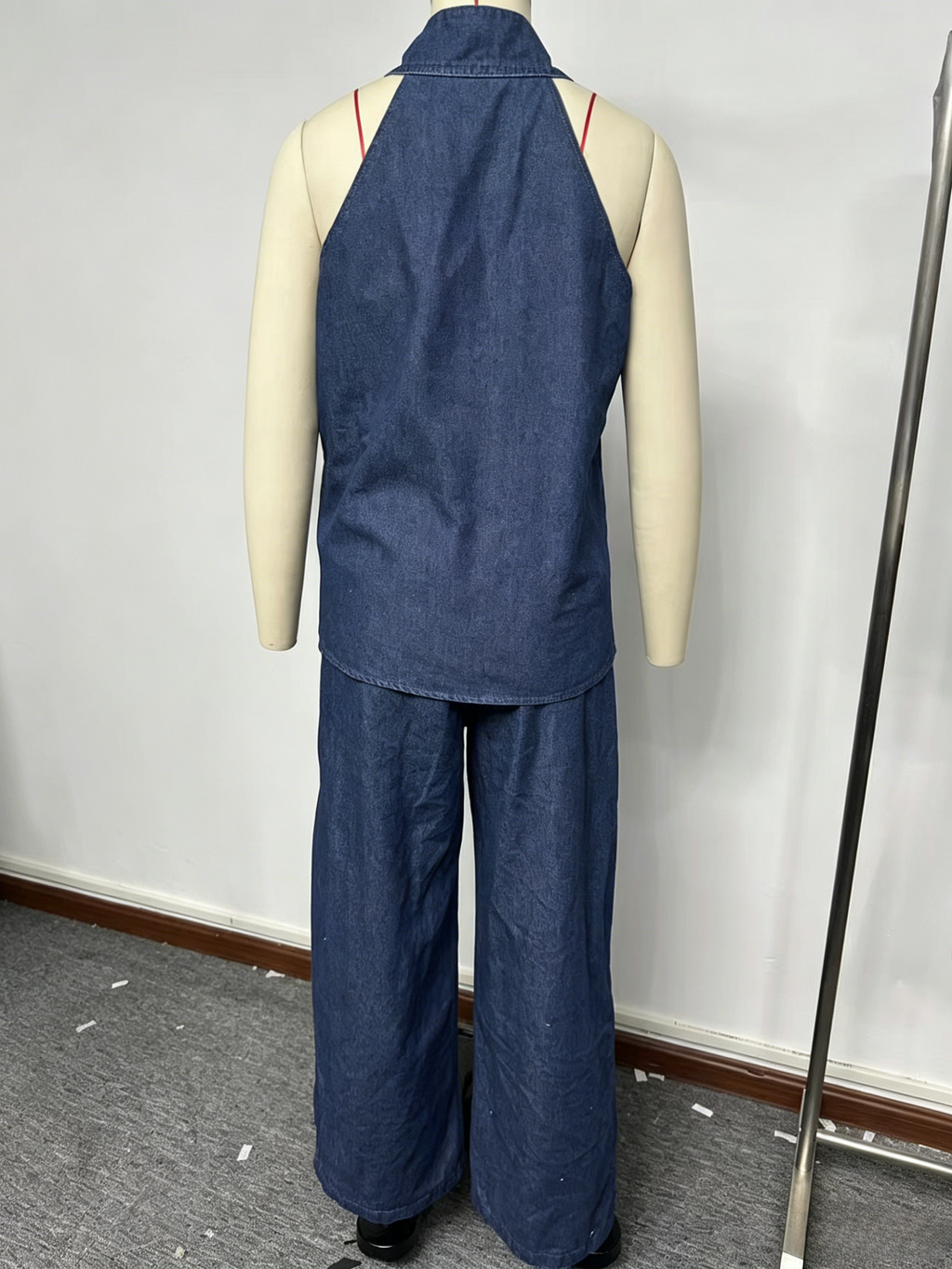 Draped Halter Top and Wide Leg Pant Set - DarkBlue - 2