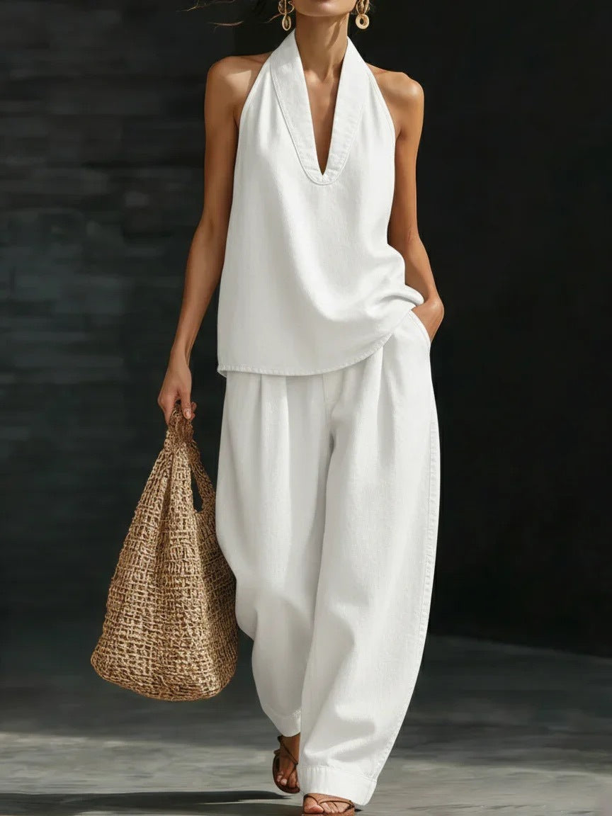 Draped Halter Top and Wide Leg Pant Set - OffWhite