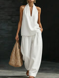Draped Halter Top and Wide Leg Pant Set - OffWhite