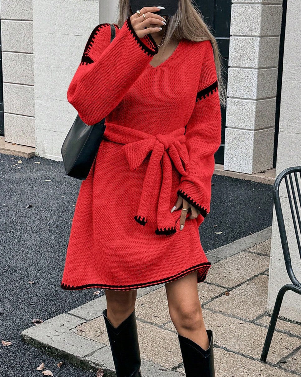 Blanket Stitch Trim Belted Knit Dress - Red